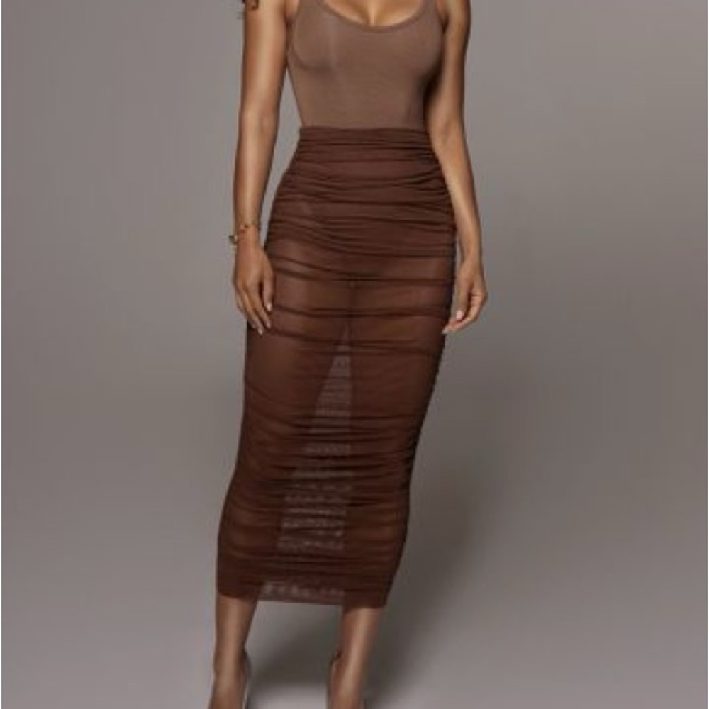 JLuxLabel Sexy Coco Bodycon Sheer See-Through Mesh Stretchy Ruched Midi Skirt